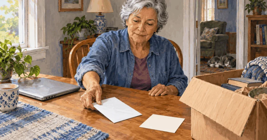 Painted illustration of a person organizing mail beside a moving box at home.