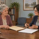Painted illustration of an older adult discussing a former spouse’s benefits record with a counselor.