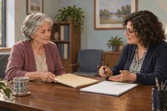 Painted illustration of an older adult discussing a former spouse’s benefits record with a counselor.