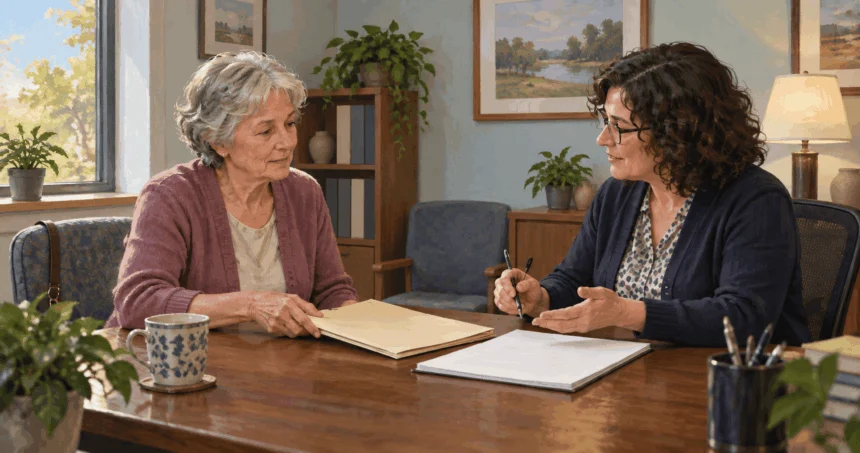 Painted illustration of an older adult discussing a former spouse’s benefits record with a counselor.