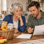 Painted scene of an older adult reviewing household costs with a family member.