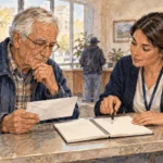 Conceptual painting of a benefits recipient discussing income reporting with a service worker.