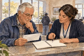 Conceptual painting of a benefits recipient discussing income reporting with a service worker.