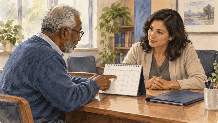 Conceptual painting of an older adult pointing to a blank calendar at a benefits advising desk.