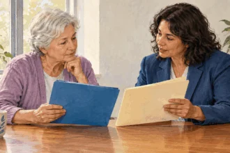 Conceptual painting of an older adult discussing Medicare and Social Security enrollment.