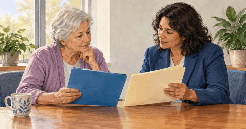 Conceptual painting of an older adult discussing Medicare and Social Security enrollment.