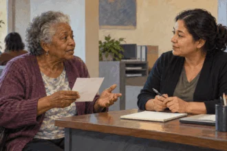 Conceptual painting of a recipient discussing a change with a benefits worker.