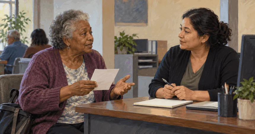 Conceptual painting of a recipient discussing a change with a benefits worker.