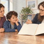 Conceptual painting of a caregiver and child asking about Social Security benefits.