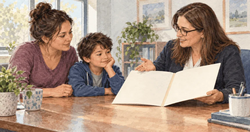 Conceptual painting of a caregiver and child asking about Social Security benefits.