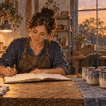 Painted illustration of a self-employed worker reviewing a ledger in a workshop.