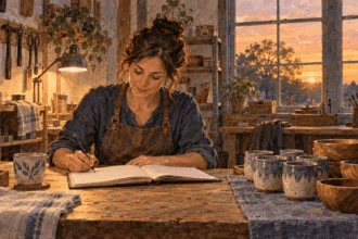 Painted illustration of a self-employed worker reviewing a ledger in a workshop.