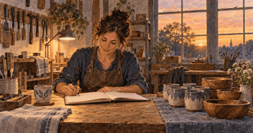 Painted illustration of a self-employed worker reviewing a ledger in a workshop.