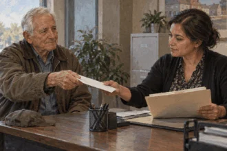 An older adult provides a benefit letter at a housing desk.