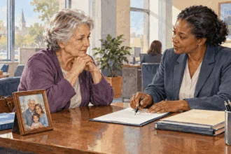 Painted illustration of an older woman discussing survivor benefits with an adviser, with a family photograph beside her.