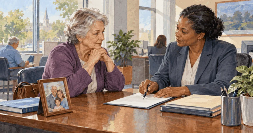 Painted illustration of an older woman discussing survivor benefits with an adviser, with a family photograph beside her.