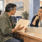 Conceptual painting of an adult asking a benefits representative about an application folder.