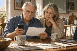 Two people review a suspicious letter before reporting possible benefits fraud.