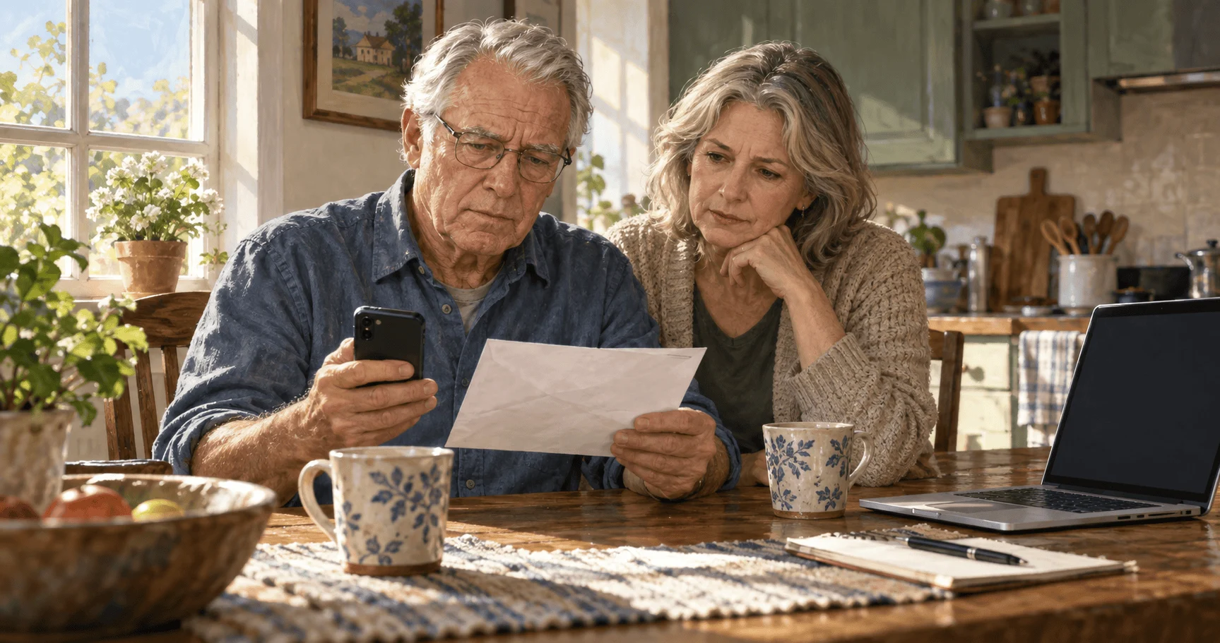 Two people review a suspicious letter before reporting possible benefits fraud.