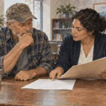 Painted illustration of a veteran reviewing service and earnings records with a counselor.