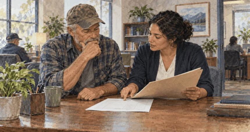 Painted illustration of a veteran reviewing service and earnings records with a counselor.