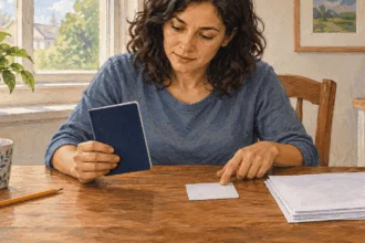 Painted illustration of a person comparing a blank booklet and card at a kitchen table.