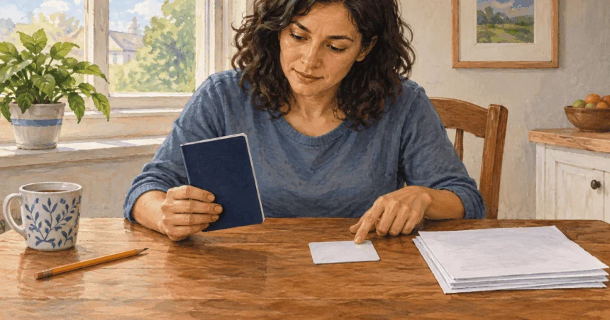 Painted illustration of a person comparing a blank booklet and card at a kitchen table.