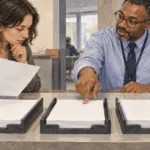 Conceptual painting of an applicant comparing blank passport form stacks with a service clerk.