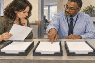 Conceptual painting of an applicant comparing blank passport form stacks with a service clerk.