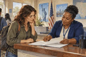 Conceptual painting of traveler at a passport acceptance counter reviews a blank application packet with a clerk.