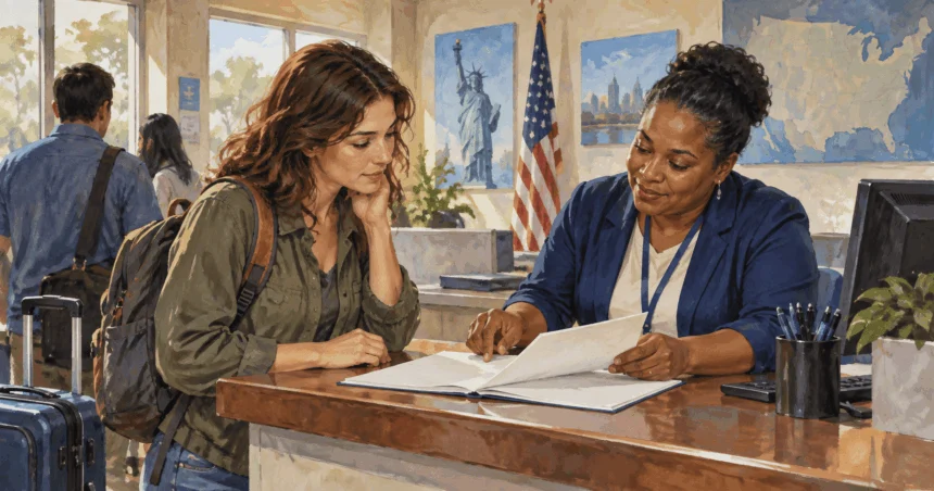 Conceptual painting of traveler at a passport acceptance counter reviews a blank application packet with a clerk.