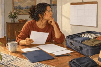 Conceptual painting of a traveler planning a passport application.