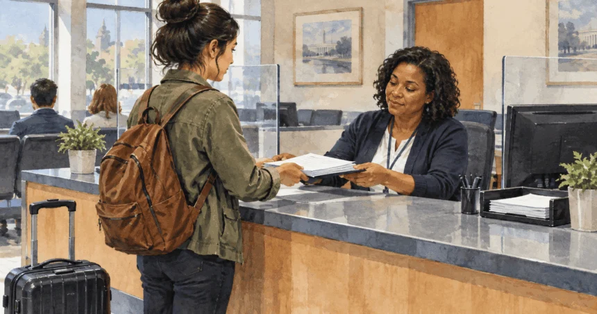 Conceptual painting of a traveler handing a passport application packet to a service clerk.