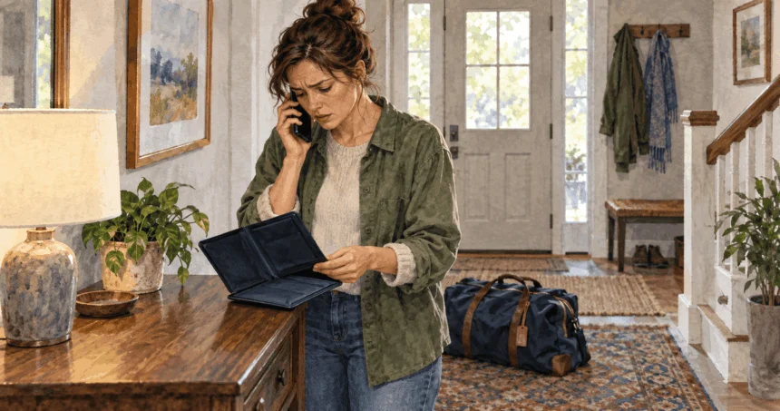 Painted illustration of a traveler reporting a missing passport by phone.