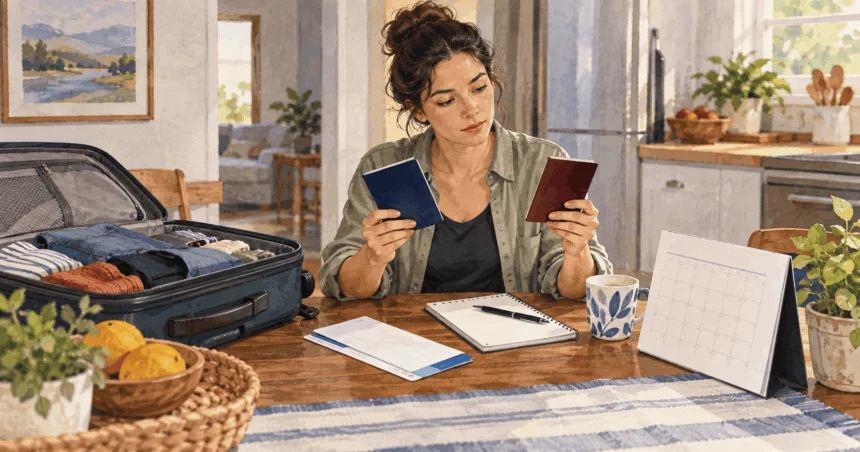 Conceptual painting of a traveler comparing two closed passports beside an open suitcase.