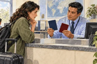 Painted illustration of a traveler and clerk comparing two travel documents.