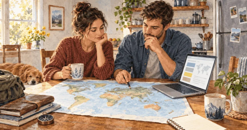 Conceptual painting of travelers reviewing safety information before a trip.