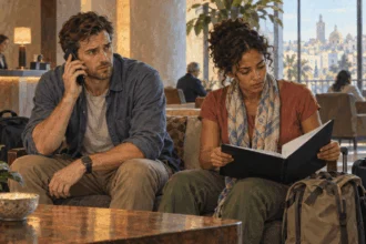 Conceptual painting of travelers seeking help by phone in a hotel lobby.