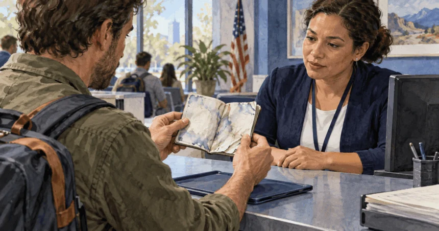 Conceptual painting of a traveler showing a water-damaged passport booklet to a service clerk.
