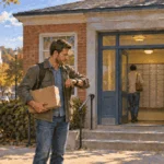 Painted illustration of a visitor approaching a neighborhood post office with a parcel.