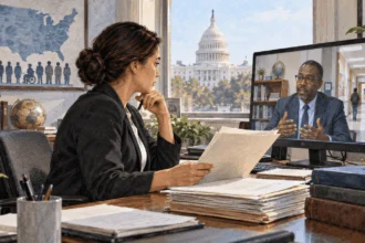 Conceptual painting of a federal education analyst discussing funding with a district official by video.