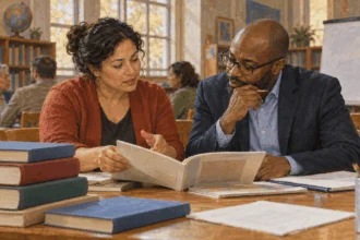 Conceptual painting of an educator and analyst examining classroom materials.