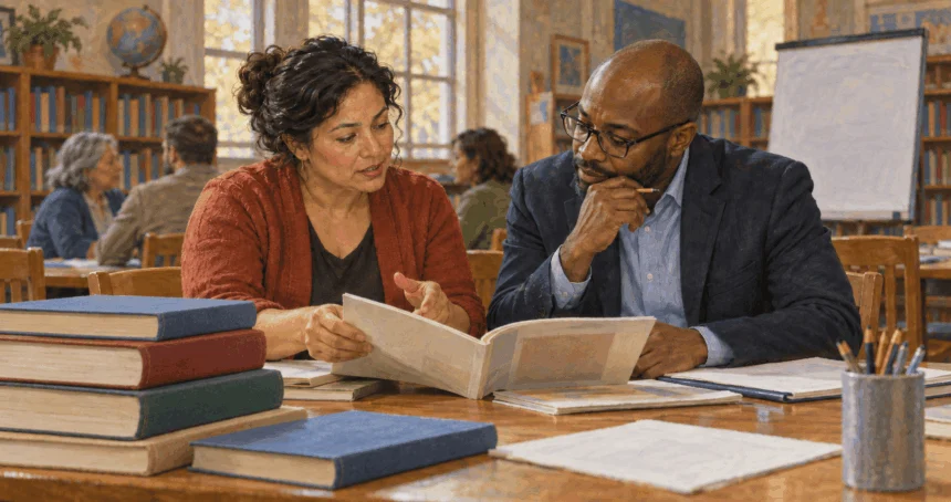 Conceptual painting of an educator and analyst examining classroom materials.
