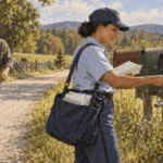 Conceptual painting of a carrier sorting mail along a rural route.