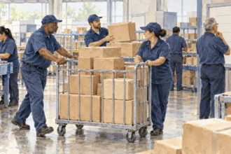 Conceptual watercolor painting of postal workers coordinating a cart of unmarked parcels.