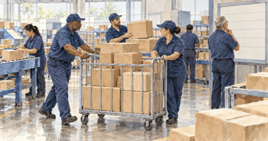 Conceptual watercolor painting of postal workers coordinating a cart of unmarked parcels.