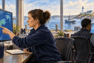 Conceptual painting of forecasters studying coastal radar and ocean buoy information.
