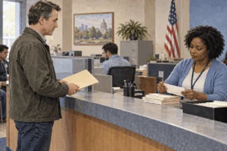Conceptual painting of a taxpayer bringing a folder to a tax service desk.