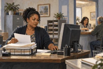 Painted illustration of tax-agency workers handling paper returns and helping a visitor.