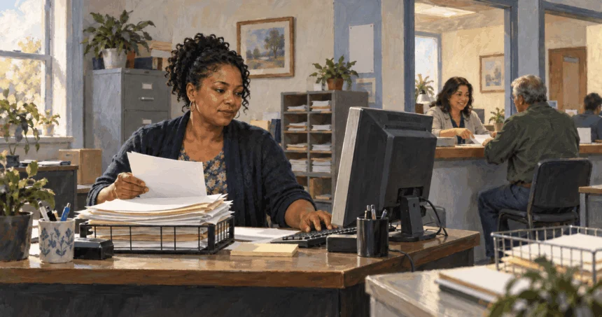 Painted illustration of tax-agency workers handling paper returns and helping a visitor.